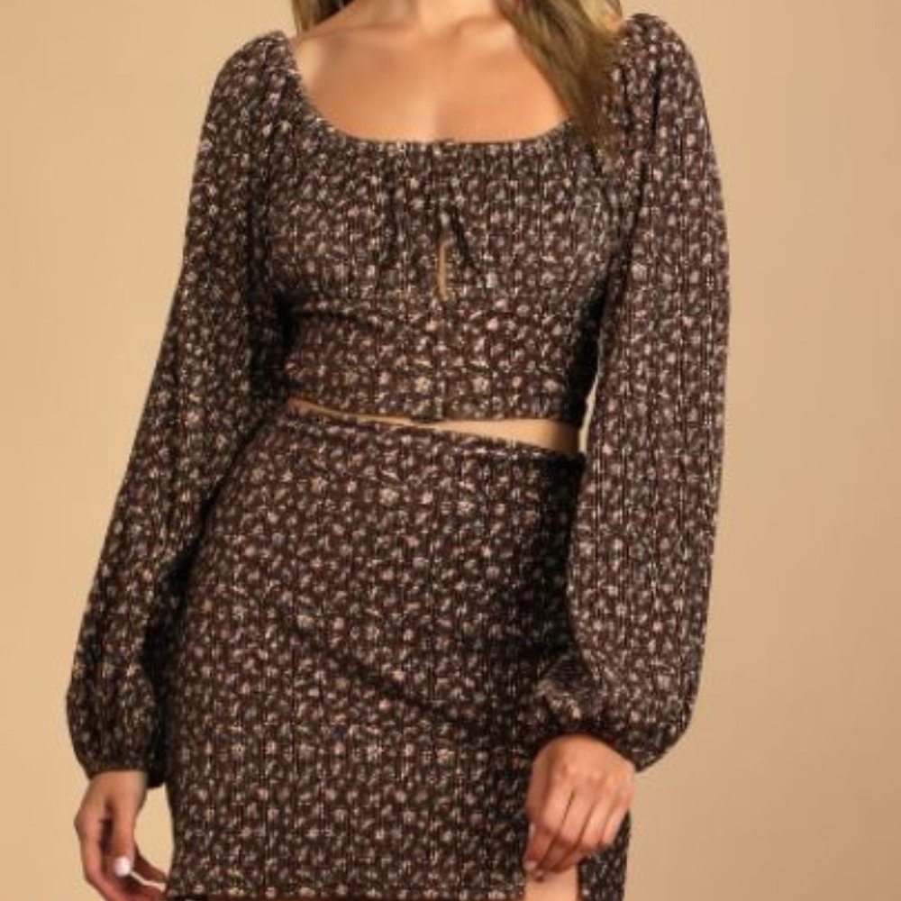 NWT Lulu's Brown Ribbed Floral Print Long Sleeve Crop Top